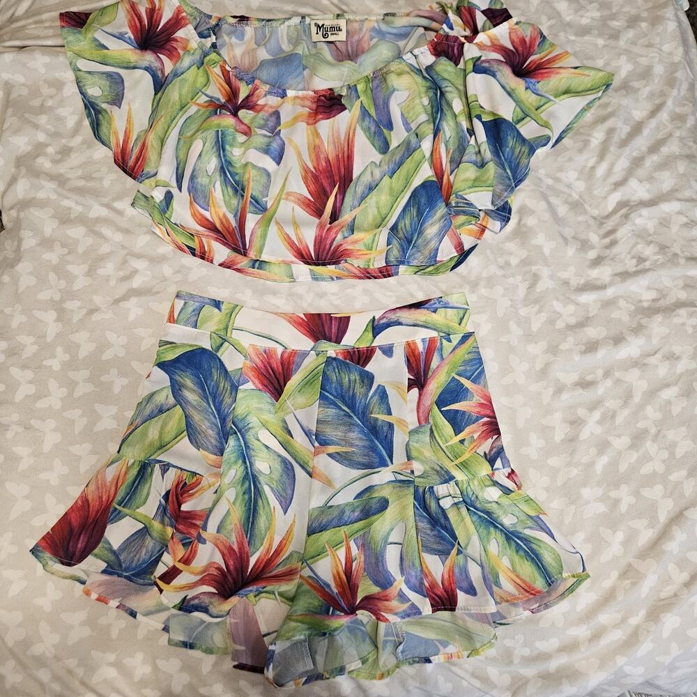 Show Me Your Mumu Floral Ruffle Top & Shorts Set Small Beach Tropical Resort
